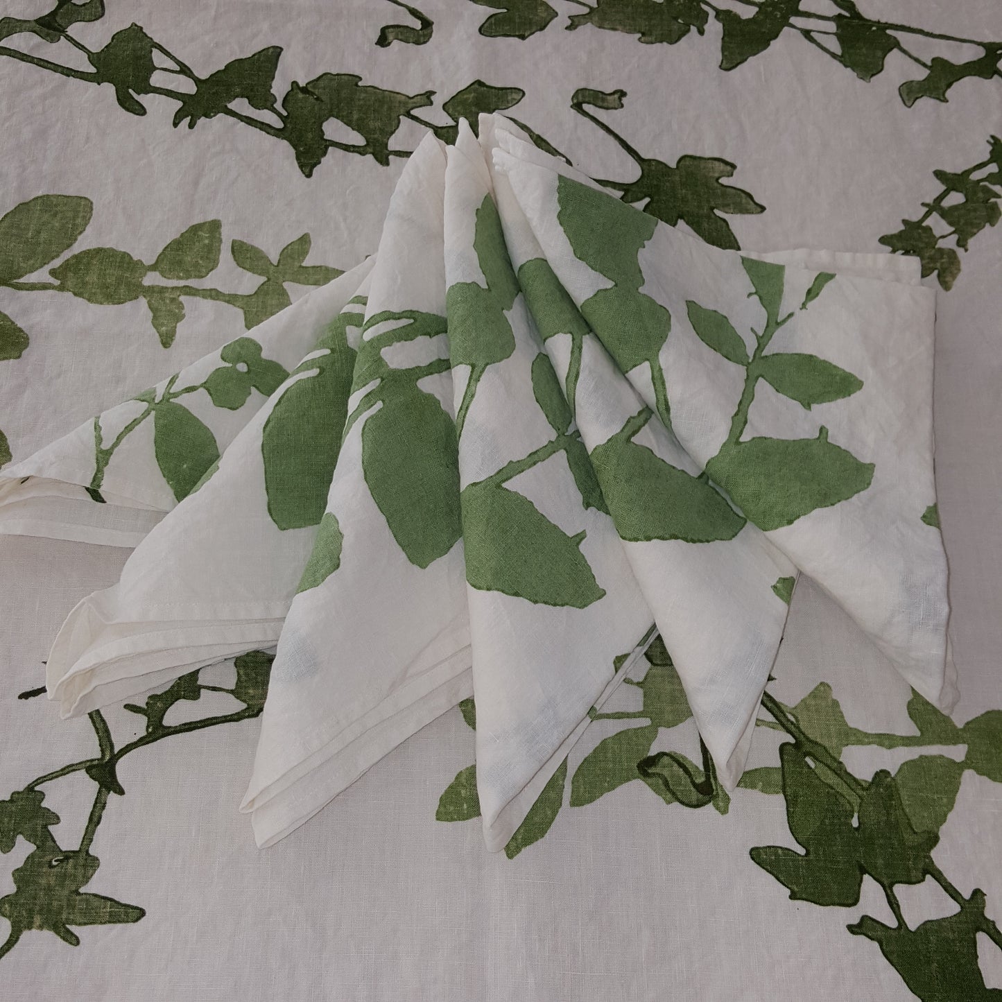 Natural linen tablecloth with yellow fork print