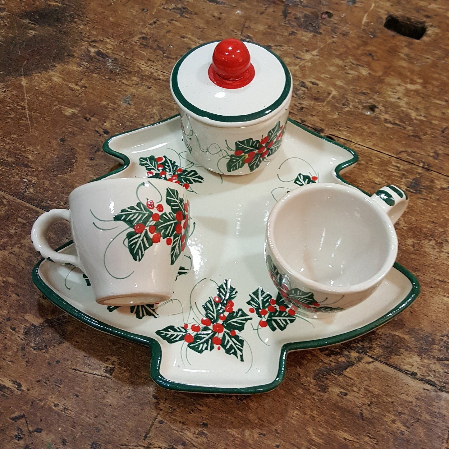 Christmas holly ceramic tray and cups