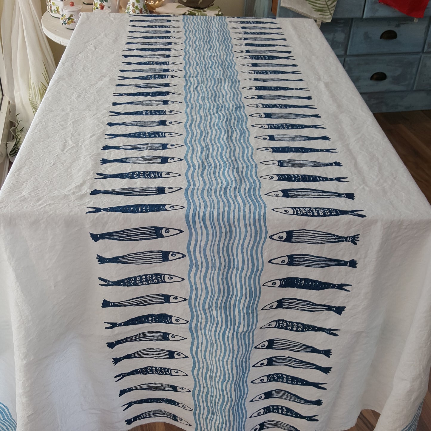Natural linen tablecloth with orange fork print