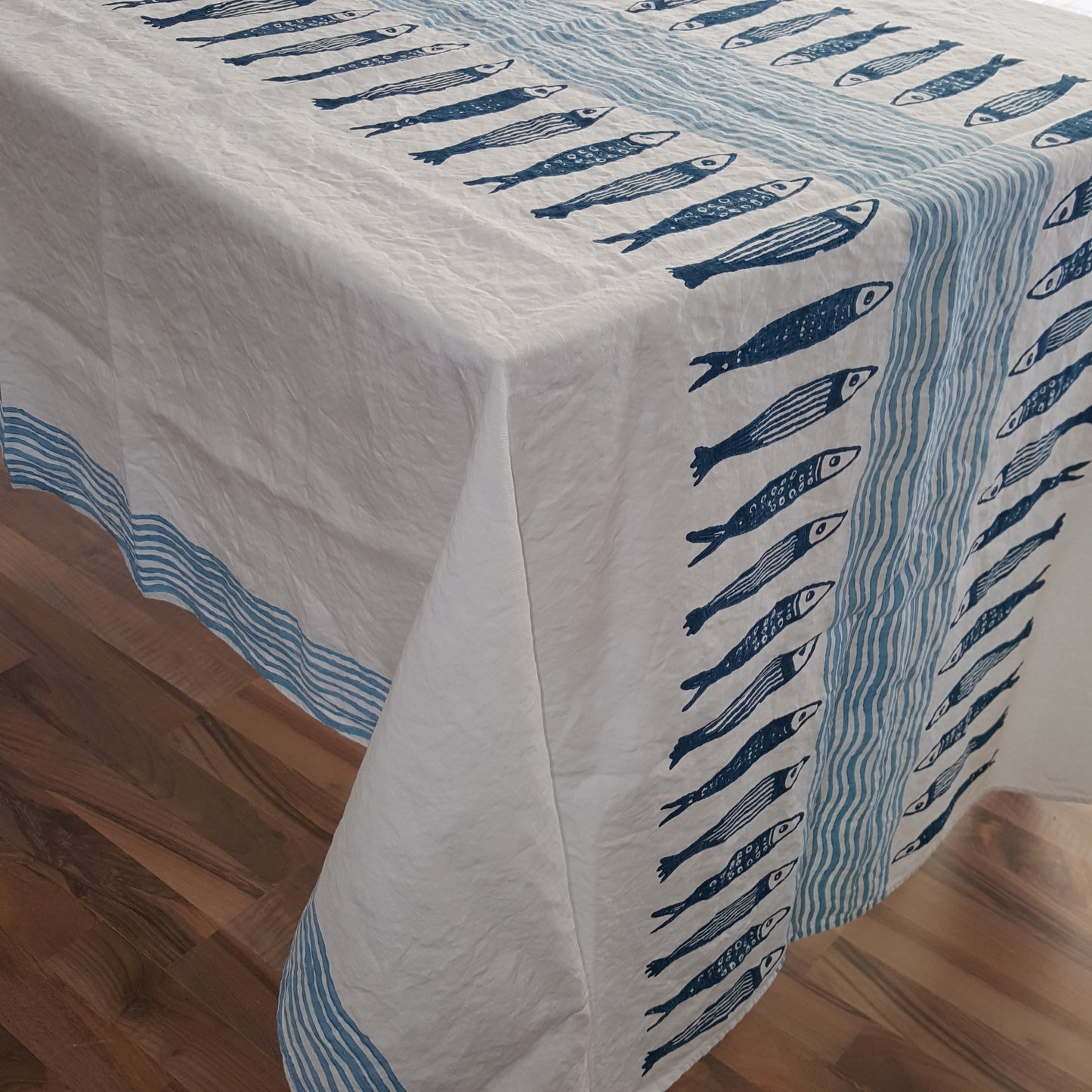 Natural linen tablecloth with orange fork print