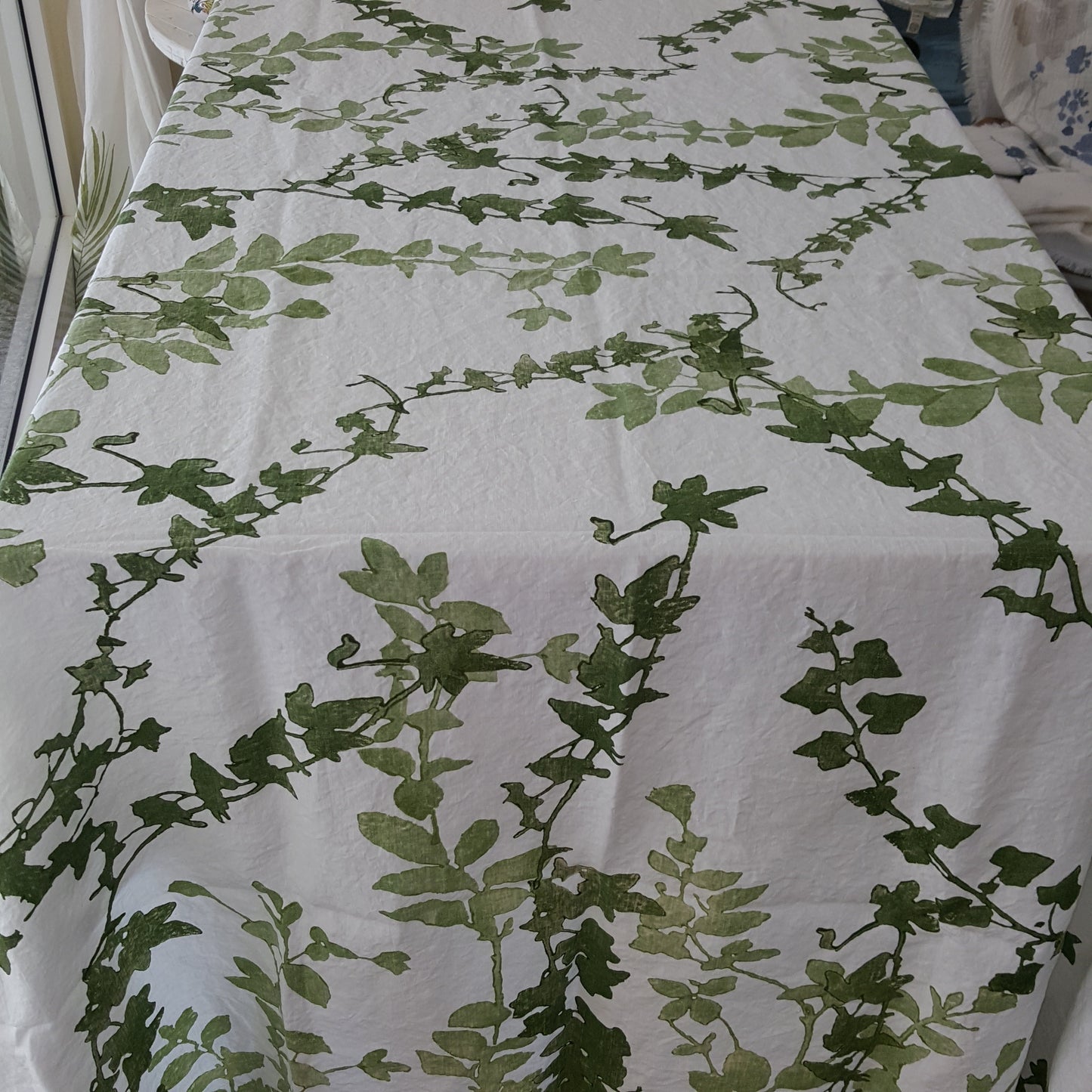 Natural linen tablecloth with yellow fork print
