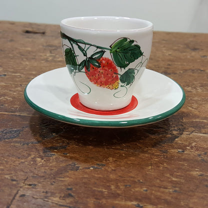 Hand painted ceramic coffee cups with strawberry decorations
