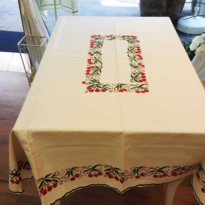 Linen blend tablecloth with cherries print