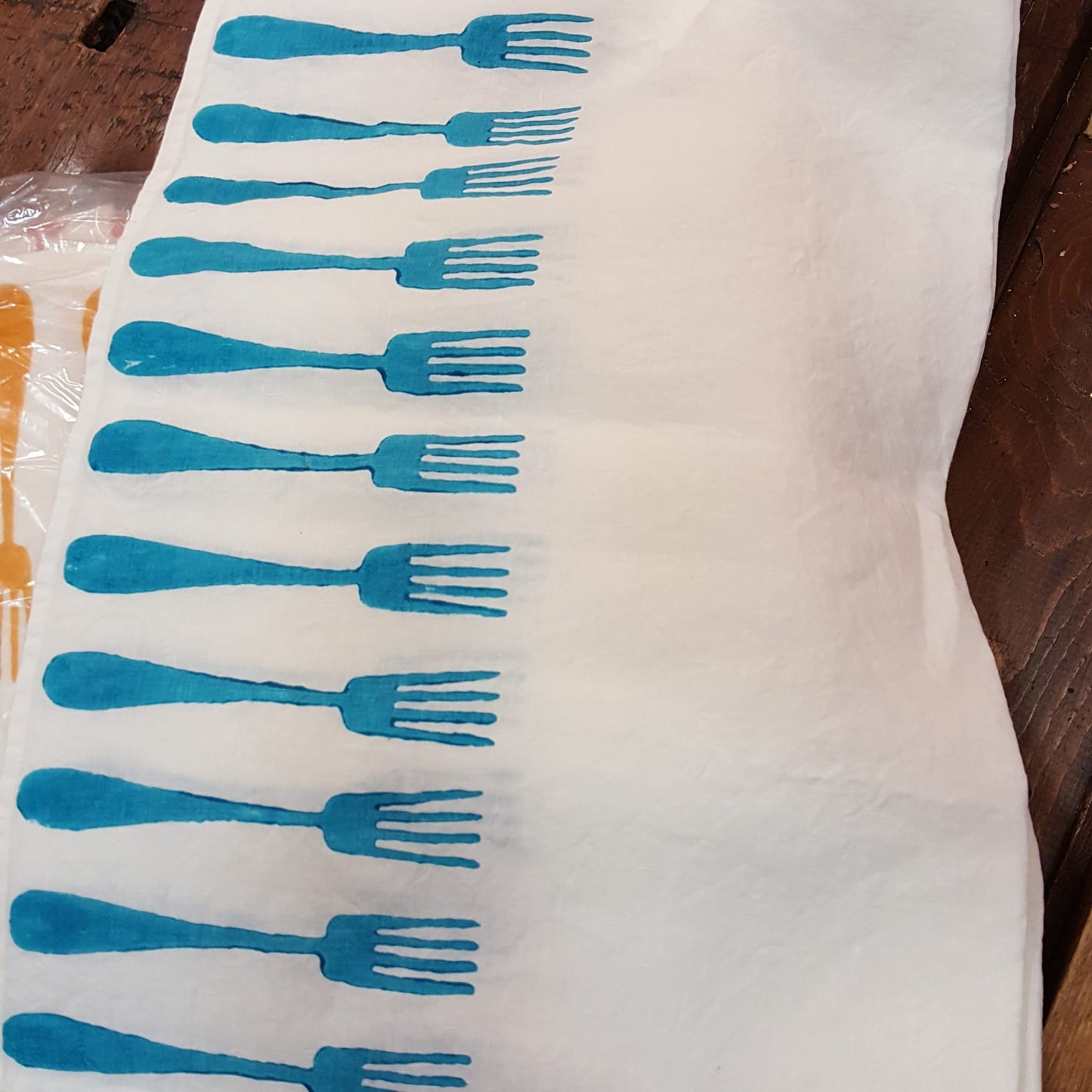 Natural linen tablecloth with turquoise fork print
